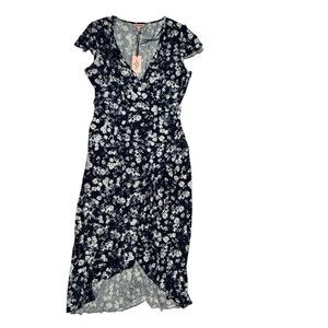 NEW Juicy Couture Dreamy Floral Blue Faux Wrap Dress Medium Flutter Sleeve Knit